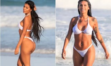 Pocah se refresca com mergulho em dia de praia e sensualiza para cliques na areia