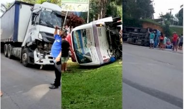 Corpo de Bombeiros socorre vítimas de acidente entre carreta e micro-ônibus na BR-174