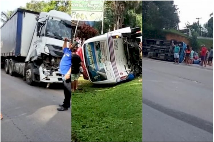 Corpo de Bombeiros socorre vítimas de acidente entre carreta e micro-ônibus na BR-174