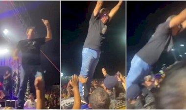 Prefeito se empolga em festa e se joga na plateia, mas cai no chão