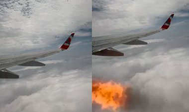 Passageira flagra explosão em motor de avião durante voo e se desespera: 'Estourou'; vídeo