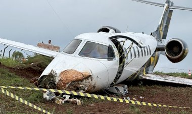 Avião Learjet da farmacêutica Cimed sai da pista após pouso em Erechim, diz prefeitura; veja fotos
