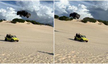 Ford Ranger Raptor ‘voa’ por cima de buggy e passageiros em duna de Canoa Quebrada, no Ceará; veja vídeo