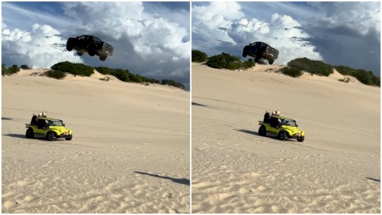 Ford Ranger Raptor ‘voa’ por cima de buggy e passageiros em duna de Canoa Quebrada, no Ceará; veja vídeo