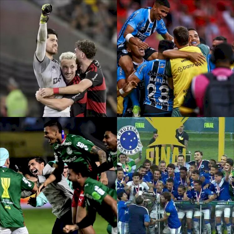 Flamengo vence o Fluminense nos pênaltis e é campeão do Carioca, Palmeiras vence o Novorizontino e conquista o Paulistão pela 27ª vez, Cruzeiro vence Atlético e volta a conquistar o Mineiro e Grêmio empata com Inter e conquista o Gauchão no Beira-Rio