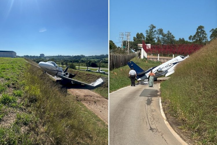 Jato sai da pista e colide contra barranco ao pousar em aeroporto no interior de SP