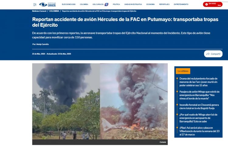 Avião militar cai na Colômbia; mais de 100 soldados a bordo, diz imprensa